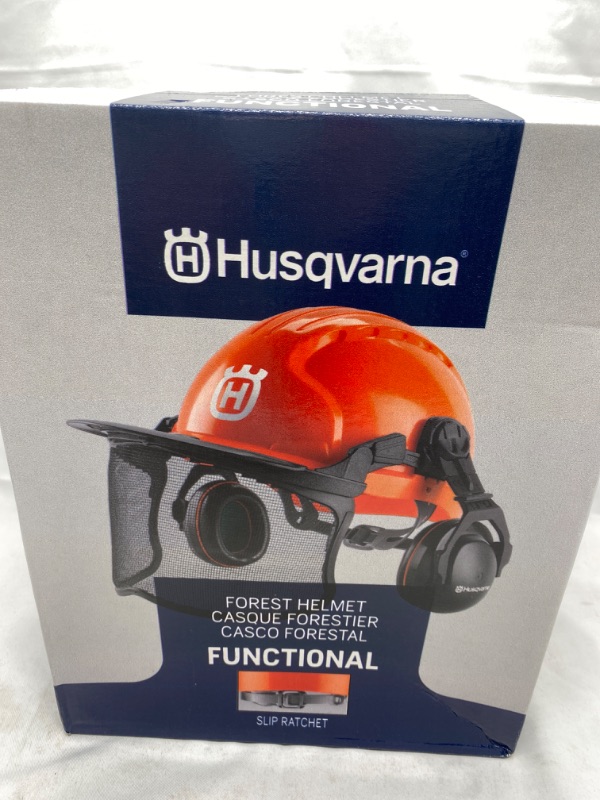 Photo 2 of Husqvarna 592752602 Chainsaw Helmet with Metal Mesh Face Shield, Adjustable Ear Muffs for Hearing Protection, and Sun Peak, HDPE Forestry Helmet Shell, Orange NEW