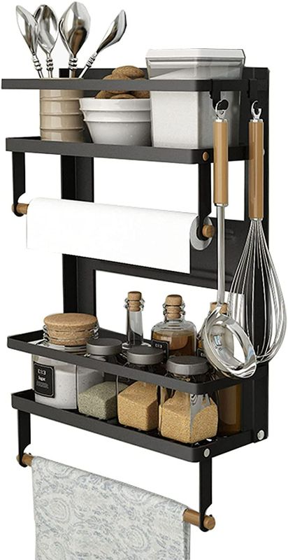 Photo 1 of Magnetic Spice Rack,4 Tier Kitchen Magnetic Shelf for Refrigerator Fridge Organizer with 2 Paper Towel Holders and 5 Removable Hooks,Matte Black NEW