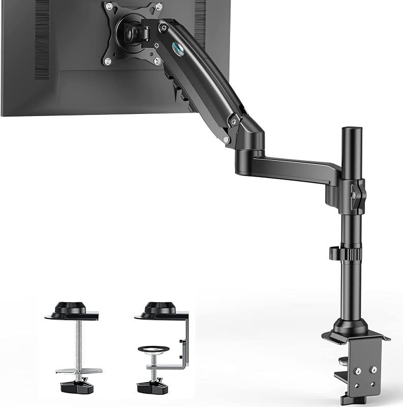 Photo 1 of HUANUO Single Monitor Mount - Gas Spring Monitor Arm Fits 13-32'' Monitor, Full Motion Swivel, Single Monitor Stand, Ultra Height Adjustable for Stand Work, Monitor Desk Stan NEW