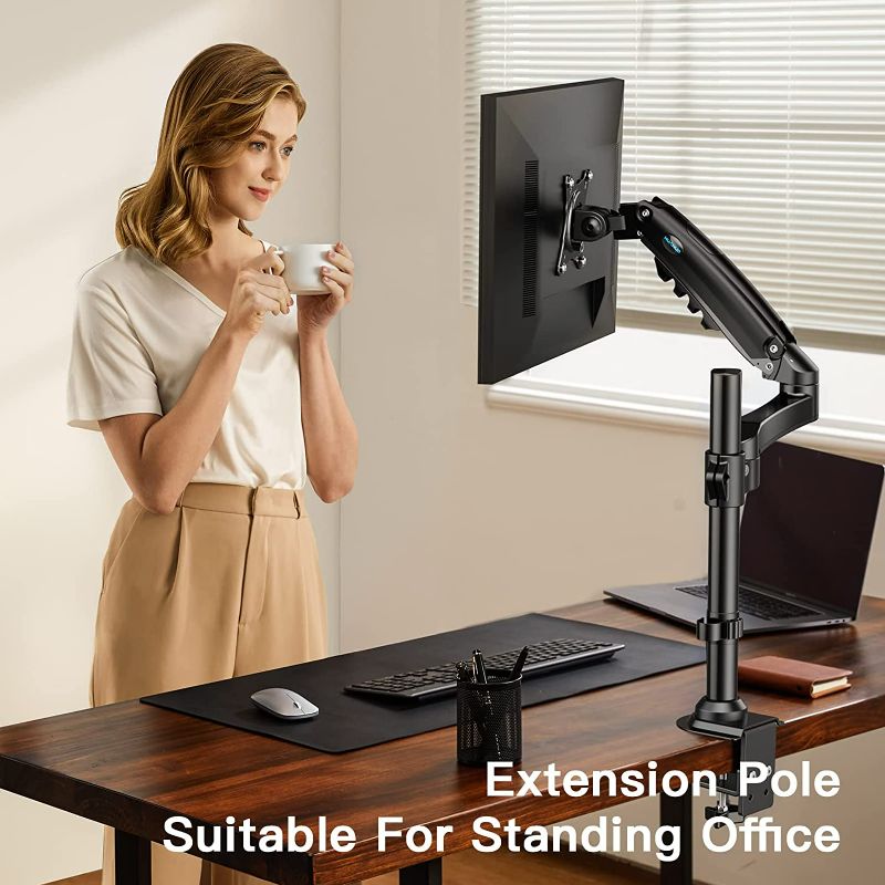 Photo 1 of HUANUO Single Monitor Mount - Gas Spring Monitor Arm Fits 13-32'' Monitor, Full Motion Swivel, Single Monitor Stand, Ultra Height Adjustable for Stand Work, Monitor Desk Stan NEW