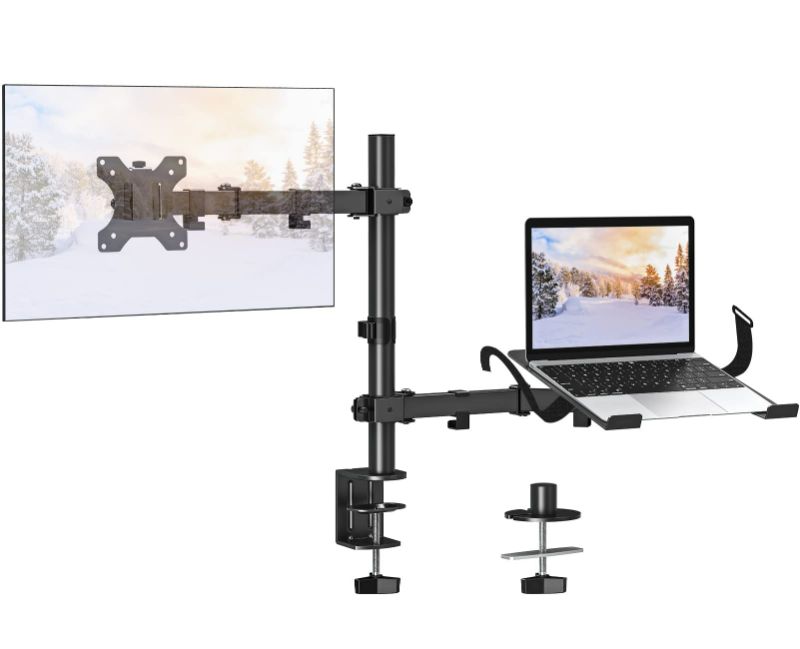 Photo 1 of MOUNTUP Monitor Mount with Laptop Tray, Single Monitor Arm for 13-27 Inch Computer Screen, Laptop Mount for Max 17" Notebook, Desk Monitor Mount with C-Clamp and Grommet Base, up to 17.6lbs, Black Dual Monitor NEW