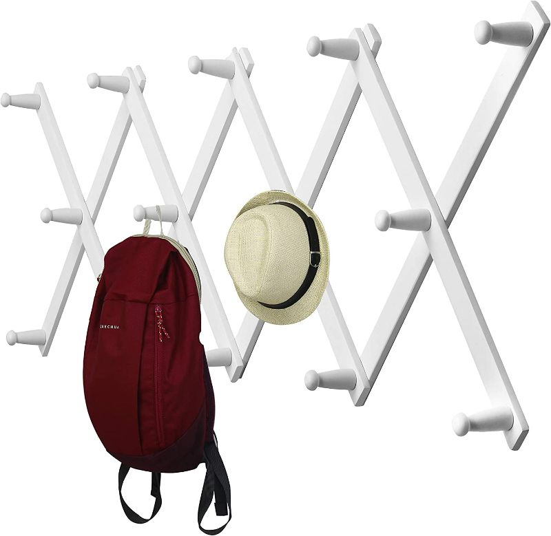 Photo 1 of WEBI Accordian Wall Hanger,Expandable Wooden Coat Rack,Hat Rack for Wall,Accordion Wall Rack for Hats,Caps,Coffee Mugs,14 Peg Hooks,White NEW 