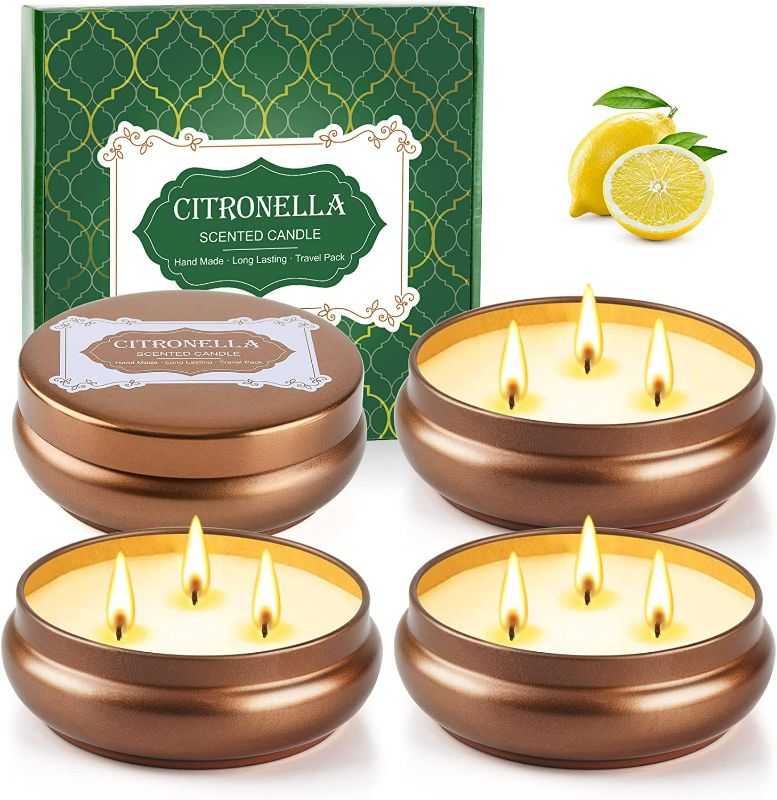 Photo 1 of Citronella Candles Outdoor, 5oz Tin Candles with 3 Wicks,4Pack Natural Soy Candle,160H Burning for Candles Indoor, Lemon Odor Portable Travel Candle Set, Gifts for Summer NEW