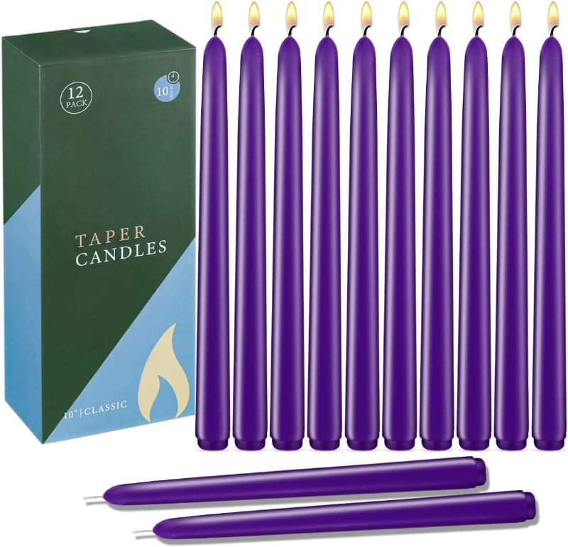 Photo 1 of 10 Inch Purple Taper Candles, Unscented Dripless Colored Candlesticks, 8 Hours Burn for Weddings Dinner Home Decoration - 12 Packs NEW