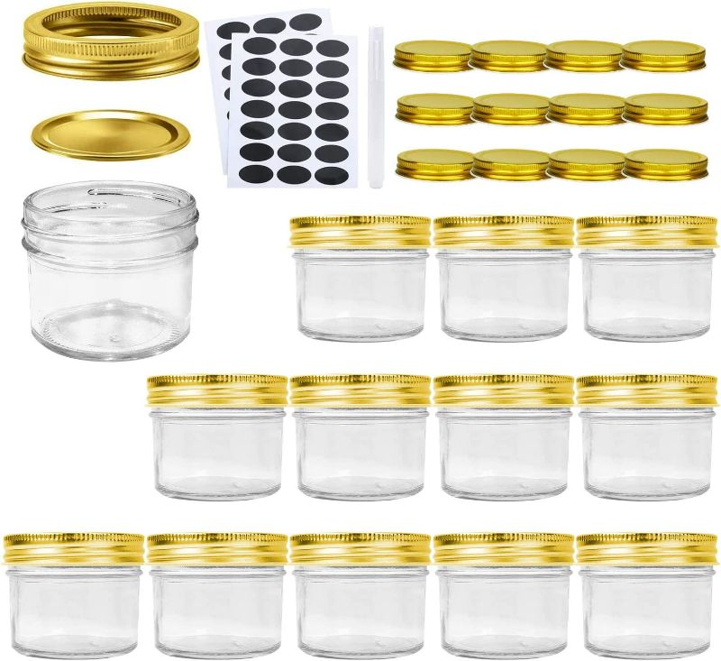 Photo 1 of Woaiwo-q Glass Jars with Lids(Gold), 4oz Mason Jars with Metal, Ideal for Honey,Jam,Wedding Favor,DIY Magnetic Spice Jars,Mini Spice Jars for Kitchen(12 Pack, 24 Lids) NEW