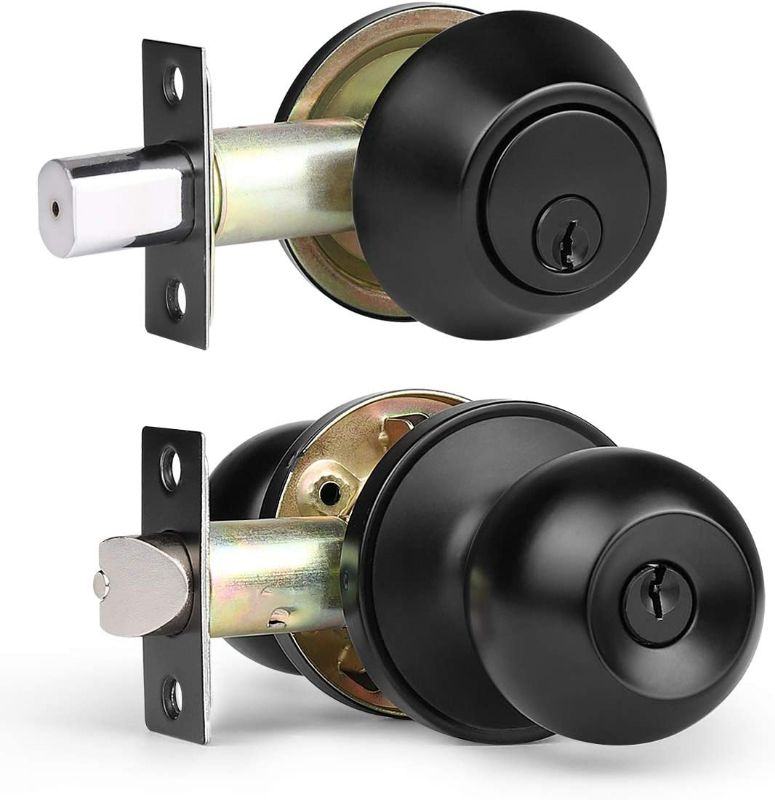 Photo 1 of knobelite (6 Set) Entry Door Knob and Double Cylinder Deadbolt Combination Set, Keyed Alike, Black Finish Deadbolt Lock and Key Round Locking Knob Handle Set for Exterior/Front Door,Same Key All Set NEW