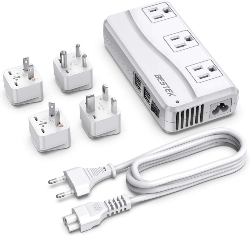 Photo 1 of BESTEK Universal Travel Adapter 100-220V to 110V Voltage Converter 250W with 6A 4-Port USB Charging 3 AC Sockets and EU/UK/AU/US/India Worldwide Plug Adapter (White)  NEW