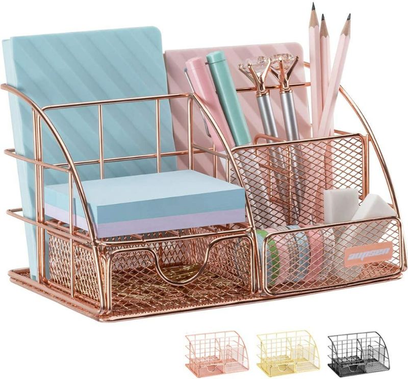 Photo 1 of AUPSEN Rose Gold Desk Organizer for Women, Mesh Office Supplies Desk Accessories, Features 5 Compartments + 1 Mini Sliding Drawer NEW