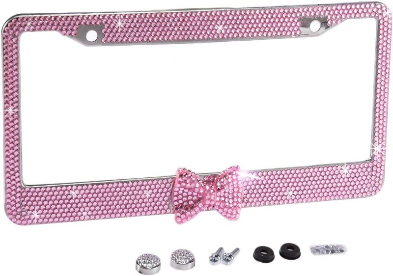 Photo 1 of Fashion USA Universal Pink Frame W/Pink Bowtie Crystal License Plate Frames,Eclusive Bling License Plate Holder, Weather Proof Rhinestone License Plate Cover for Women(1 Frame) NEW
