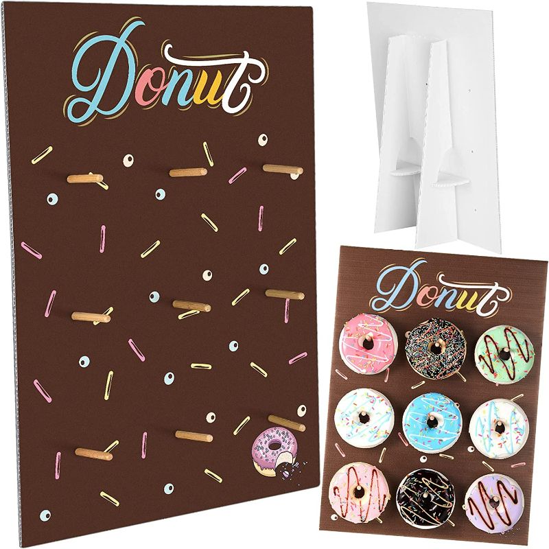 Photo 1 of Wall Display Stand Reusable Donut Holder Board with Rustic Wood for Party Decorations Supplies Dessert Table at Wedding Birthday Baby Shower Treat (Brown) NEW