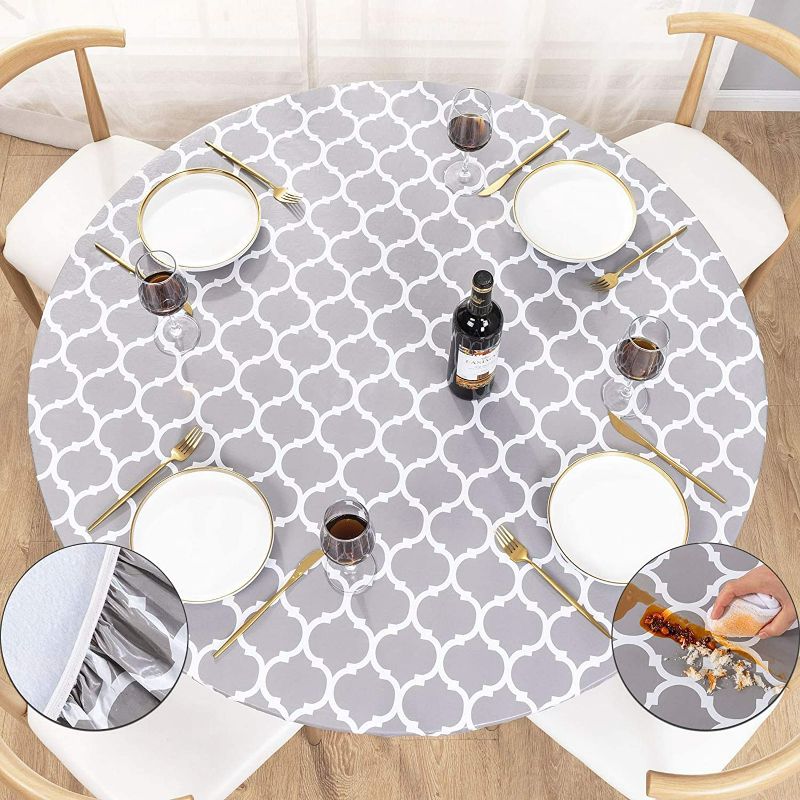 Photo 1 of UMINEUX Round Fitted Vinyl Tablecloth with Elastic Edged & Flannel Backing, Waterproof Wipeable Round Table Cover for Indoor Outdoor Patio Use - Fits Tables up to 40" - 44" Diameter(Gray Moroccan)  NEW