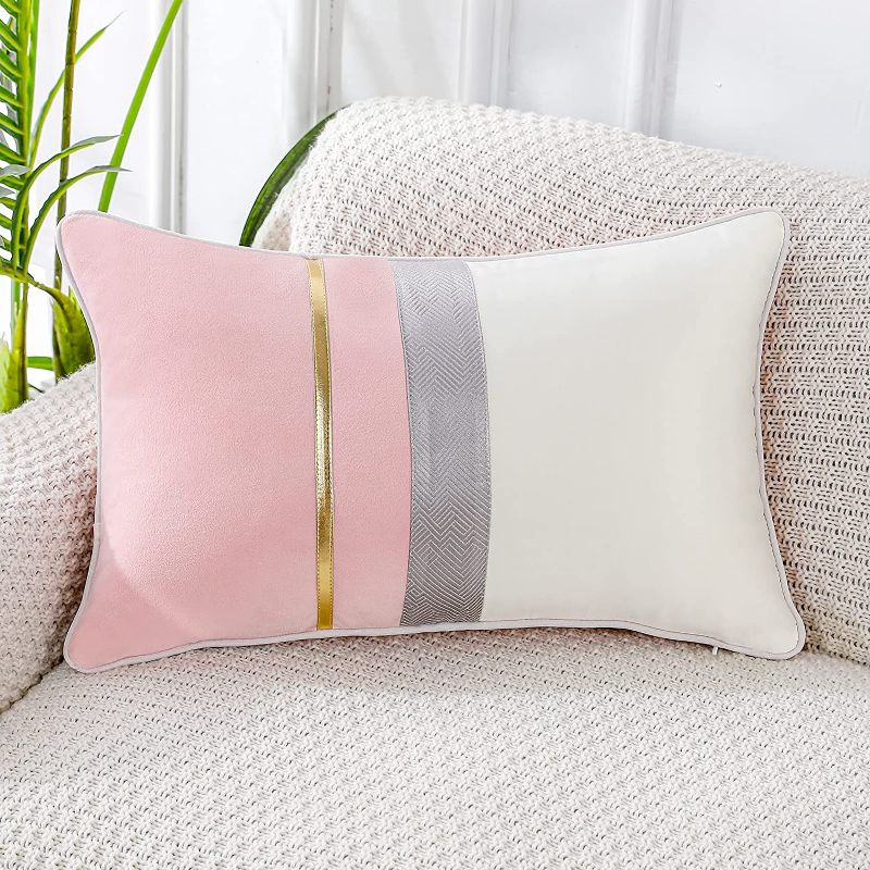 Photo 1 of Patchwork Pink Silk-Like Velvet Throw Pillow Cover with Gold Striped Leather Cushion Case Modern Luxury Lumbar Pillowcase for Sofa Couch Bedroom Living Room Home,12x20 inch NEW