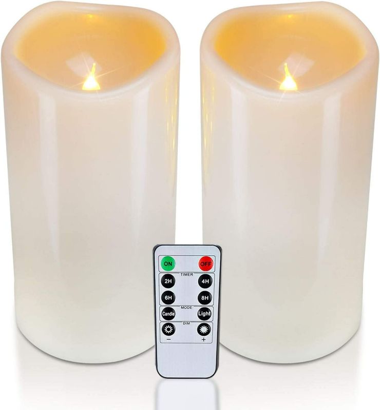 Photo 1 of Homemory 4" x 8" Waterproof Outdoor Flameless Candles, Battery Operated Flickering LED Pillar Candles with Remote and Timers for Indoor Outdoor Lanterns, Long Lasting, Large, Set of 2 NEW