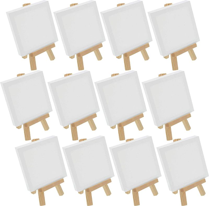 Photo 1 of U.S. Art Supply 3" x 3" Stretched Canvas with 5" Mini Natural Wood Display Easel Kit (Pack of 12), Artist Tripod Tabletop Holder Stand - Painting Party, Kids Crafts, Oil Acrylic Paints, Signs, Photos NEW