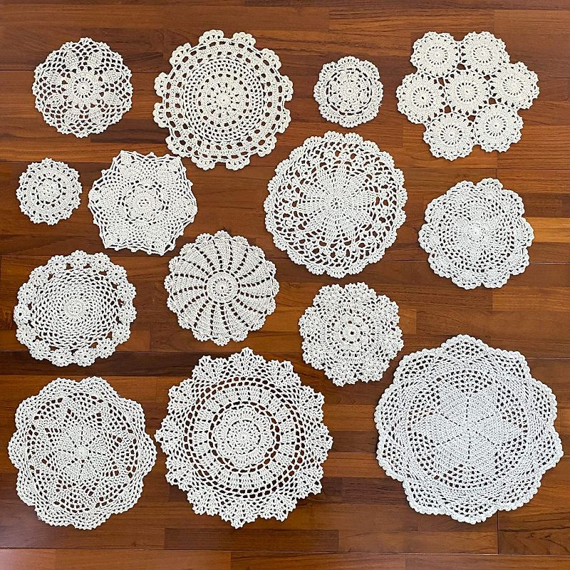 Photo 1 of kilofly 14 pcs Cotton Crochet Doilies  Handmade White Beige Placemats NEW