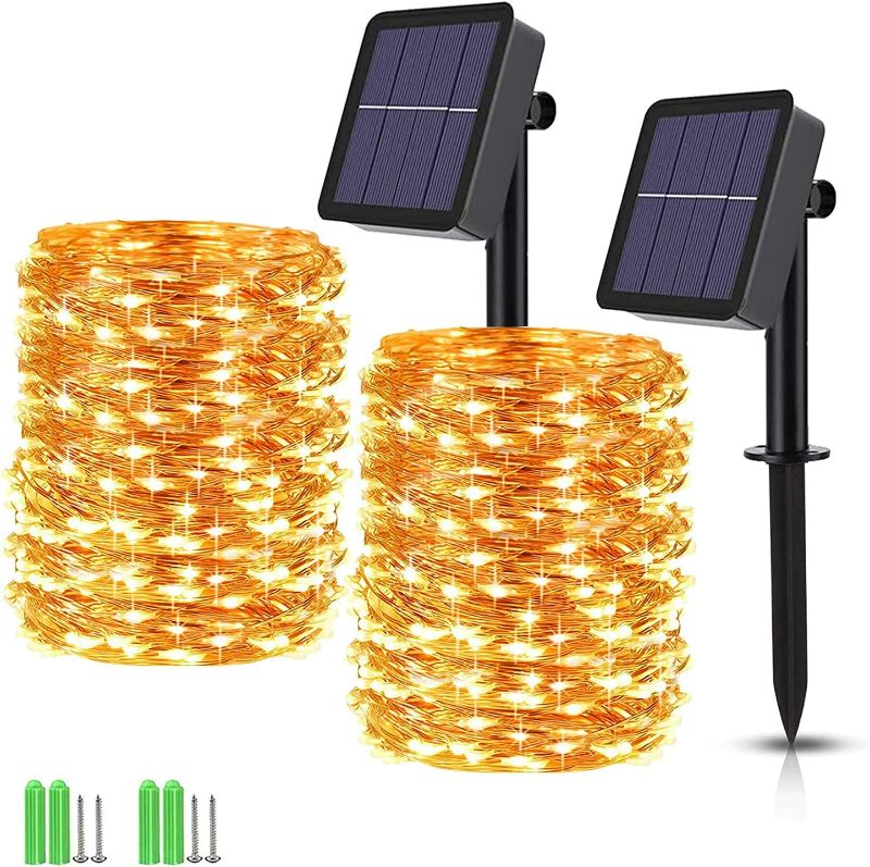 Photo 1 of Jnaurb Solar String Lights, 2 Packs Each 85ft 240 LED Solar Fairy Lights with 8 Modes, Waterproof Outdoor String Lights for Patio, Garden, Party, Christmas, Holiday Decorations (Warm White) NEW 