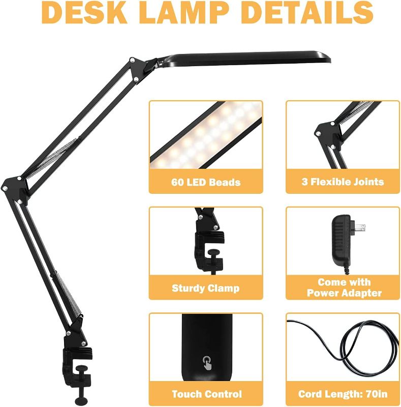 Photo 2 of GSBLUNIE Black LED Desk Lamp, Adjustable Metal Swing Arm Desk Lamp with Clamp,  Dimming Architect Desk Light, Reading Desk Lamps for Home Office 360° Spin NEW