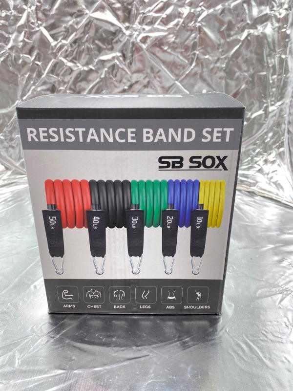 Photo 2 of SB SOX Resistance Bands Set (Pro) for Men & Women – 5 Stackable Premium Cable Bands with Handles, Door Anchor, and Ankle Straps – Best Exercise Equipment for Your Home Gym – Works Great (Original) NEW