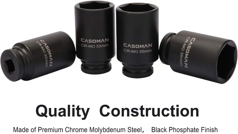 Photo 2 of CASOMAN 1/2'' Drive Deep Spindle Axle Nut Impact Socket Set, 6 Point, CR-MO,32,33,35,36mm, 4PC 1/2-Inch Impact Socket Set, Heavy Duty Use In Removing And Installing Axle Nuts NEW