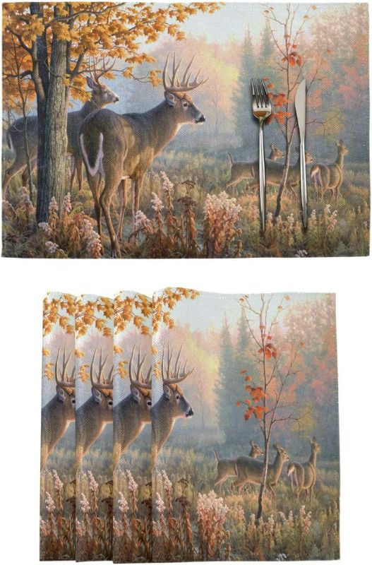 Photo 1 of Vdsrup Autumn Forest Deers Placemats Set of 6 Fall Maple Leaf Flowers Table Mats Burlap Placemat Washable Non-Slip Heat Resistant Place Mats for Party Kitchen Dining Decorations 12 X 18 Inch  NEW