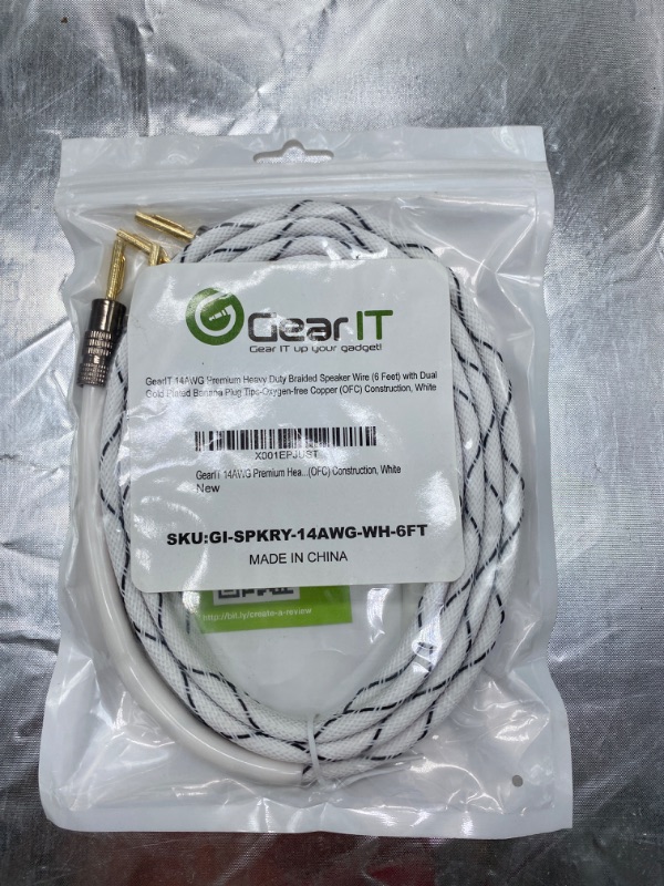 Photo 1 of GearIT 14AWG Speaker Cable Wire with Gold-Plated Banana Tip Plugs (6 Feet) in-Wall CL2 Rated, Heavy Duty Braided, 99.9% Oxygen-Free Copper (OFC) - White, 6ft NEW