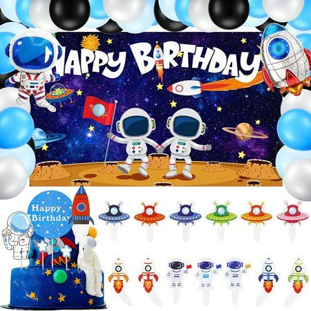Photo 1 of 52 Pieces Outer Space Party Supplies Happy Birthday Space Backdrop Balloons Kit Including Outer Space Backdrop Airship Spaceman Balloons Cupcake Toppers for Outer Space Birthday Party Decoration NEW