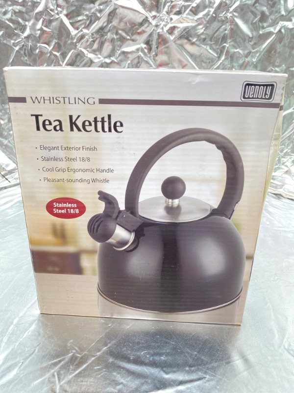 Photo 2 of 2.5 Liter Whistling Tea Kettle - Modern Stainless Steel Whistling Tea Pot for Stovetop with Cool Grip Ergonomic Handle (Black) NEW 