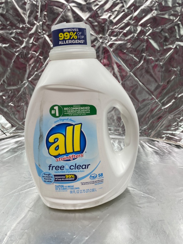 Photo 2 of all Liquid Laundry Detergent, Free Clear for Sensitive Skin, Blue, Honeysuckle, 88 Fl Oz (58 Loads) NEW