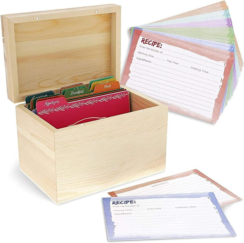 Photo 1 of Juvale Unfinished Wood Recipe Box for DIY Crafts with Cards and Dividers NEW