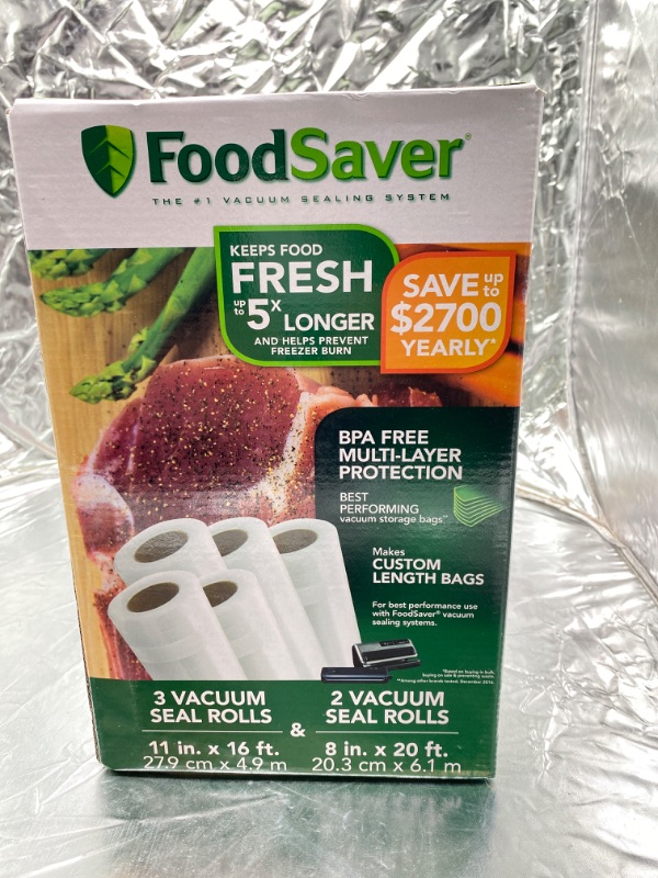Photo 2 of FoodSaver Vacuum Sealer Bags, Rolls for Custom Fit Airtight Food Storage and Sous Vide, 8" (2 Pack) and 11" (3 Pack) Multipack (Packaging May Vary) Seal Rolls NEW 