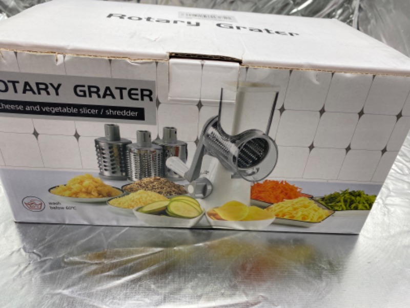 Photo 2 of Rotary Cheese Grater Cheese Shredder - Cambom Round Mandoline Slicer Vegetable Slicer Walnuts Grinder with Strong-Hold Suction Cup Base and Cleaning Brush NEW