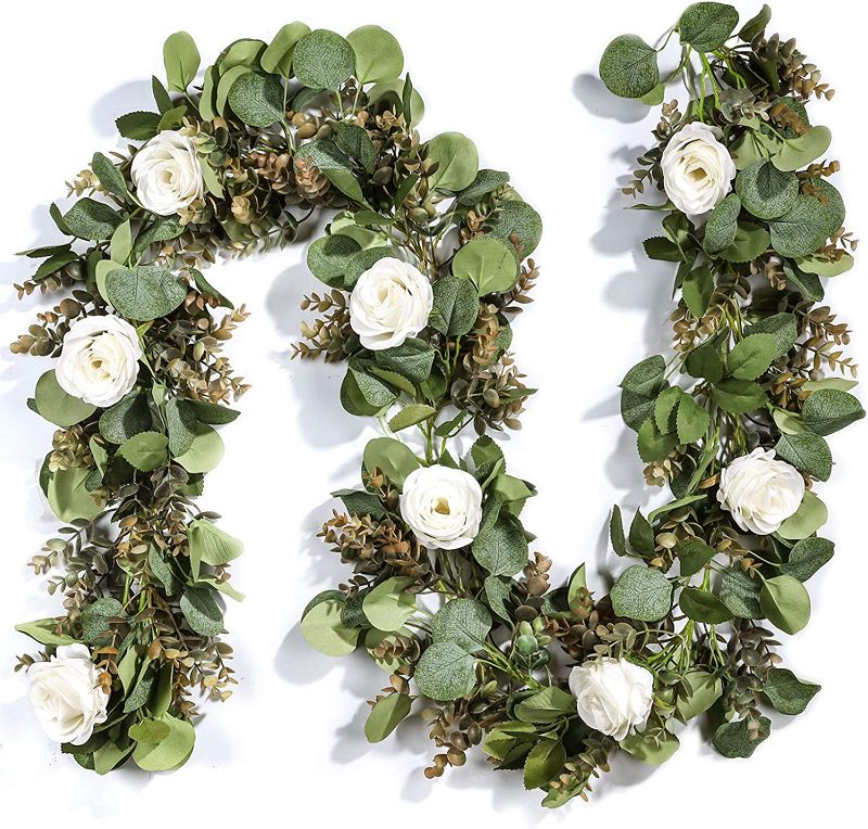 Photo 1 of Miracliy Eucalyptus Garland with Flowers, Aritficial White Rose Vine Silk Encanto Flower Garland, Lush Natural Looking Greenery for Wedding Table Mantle Wall Backdrop Room Tea Party Decor NEW