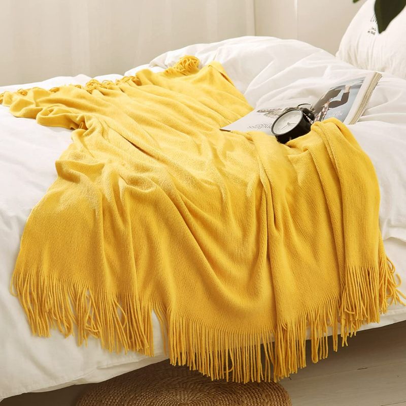 Photo 1 of Homiest Decorative Knitted Throw Blanket with Fringe Soft & Cozy Tassel Blanket for Couch Sofa Bed (Yellow,50x60) NEW