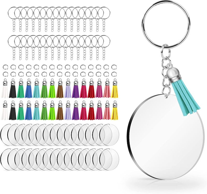 Photo 1 of 120 pcs Acrylic Keychain Blank with Key Rings: Tassels Key Chain for Craft,Bulk Keychain Rings,Acrylic Keychain Blanks Rings,Key Chain Kit NEW