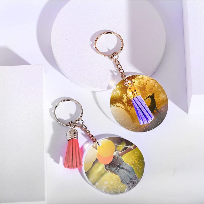 Photo 2 of 120 pcs Acrylic Keychain Blank with Key Rings: Tassels Key Chain for Craft,Bulk Keychain Rings,Acrylic Keychain Blanks Rings,Key Chain Kit NEW