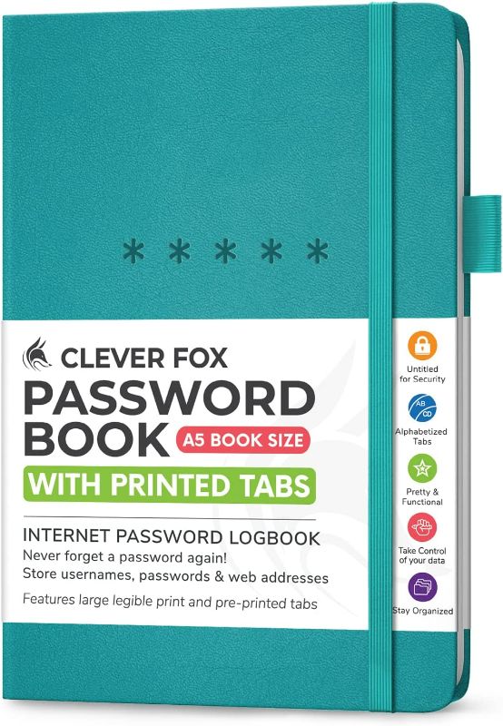 Photo 1 of Clever Fox Password Book – Alphabetized Internet Address & Password Organizer – Computer & Website Password Keeper Notebook – Log-In Password Journal - Medium, Hardcover (Turquoise) NEW