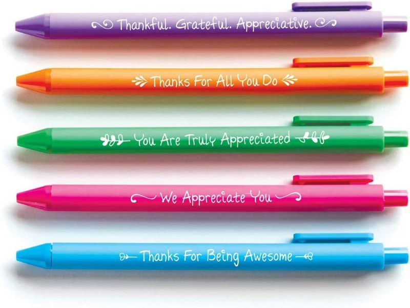 Photo 1 of 5 pack Colorful Soft Touch Click Pens- Motivational Quotes - Multi-color ink Fine Point 0.5mm, Assorted Designs for School Office Home New Hire Onboarding Employee Gifts NEW