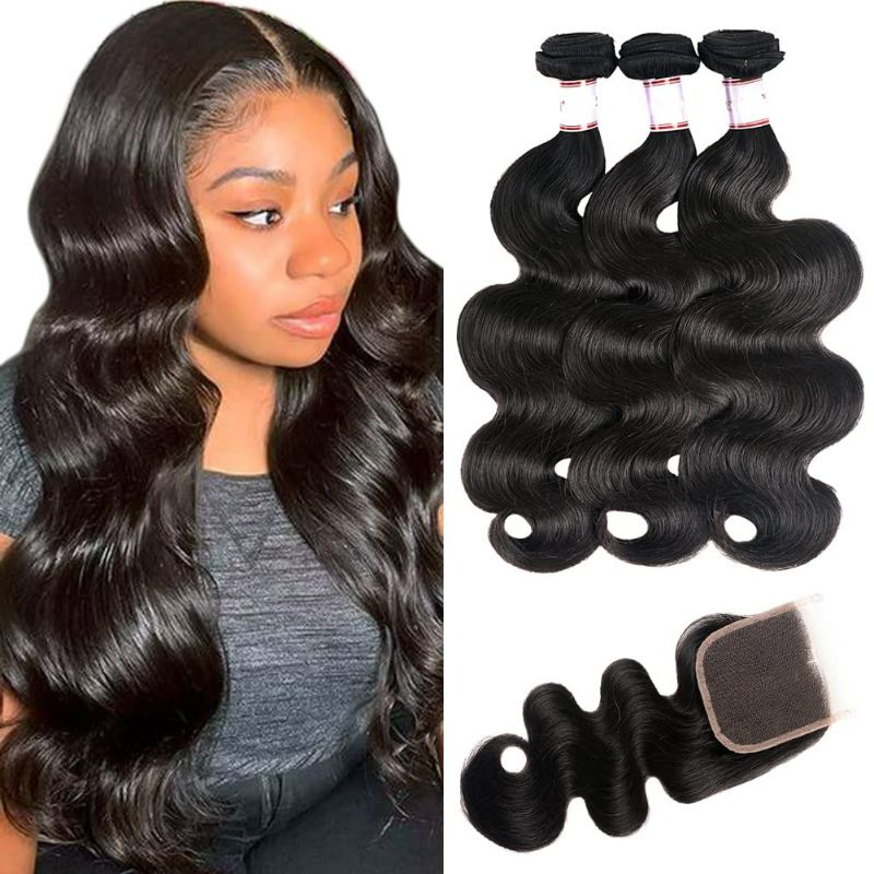 Photo 1 of Brazilian Body Wave 3 Bundles with Closure 100% Unprocessed Brazilian Body Wave Human Hair Bundles with 4x4 Lace Closure Free Part Natural Color  (14") NEW 