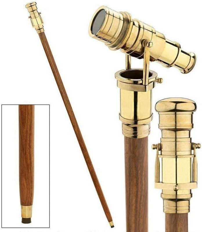 Photo 1 of Victorian Walking Cane with Telescope Brass Handle Foldable Nautical Wooden Walking Stick Ideal Unisex NEW 