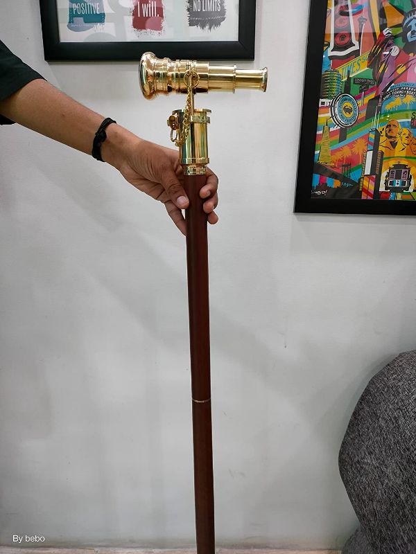 Photo 2 of Victorian Walking Cane with Telescope Brass Handle Foldable Nautical Wooden Walking Stick Ideal Unisex NEW 