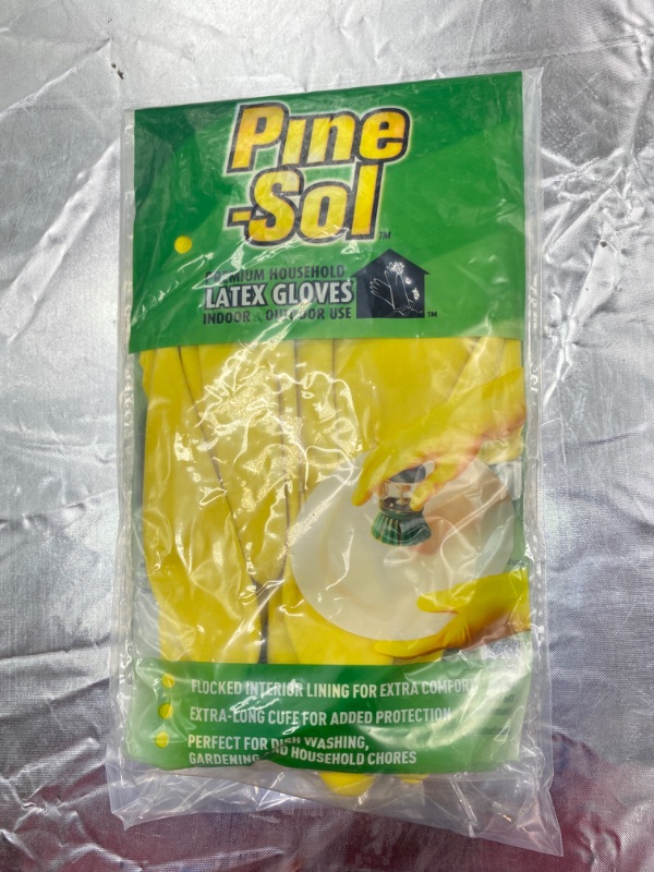 Photo 2 of 2 Pair Pine-Sol Premium Latex Gloves | Protection from Bacteria, Germs, Chemicals, Odors | Indoor/Outdoor Use for Safe Cleaning, Washing, Gardening | 2 Pair, Large, Yellow