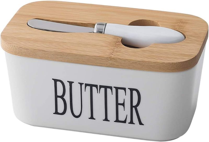 Photo 1 of 650ML Large Butter Dish Container with Airtight Bamboo Lid & Stainless Steel Knife, Porcelain Butter Keeper - Holds Up to 2 Sticks of Butter, White NEW