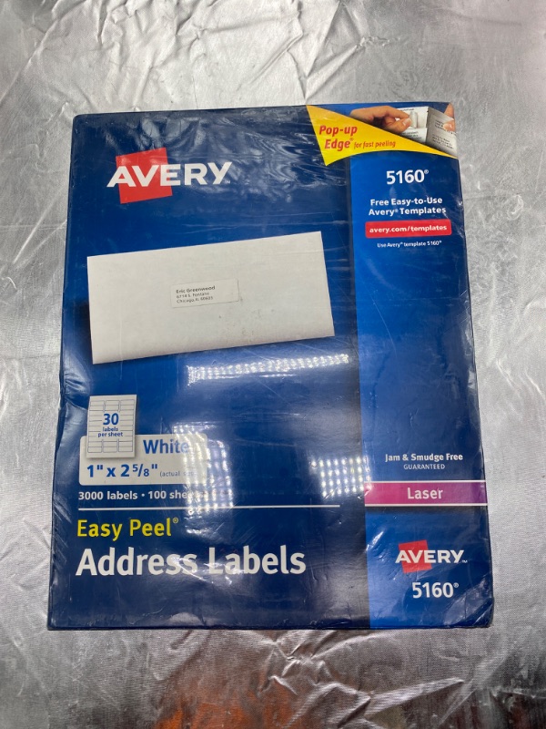 Photo 3 of Avery 5160 Easy Peel Address Labels , White, 1 x 2-5/8 Inch, 3,000 Count 100 Sheets  (Pack of 1) NEW