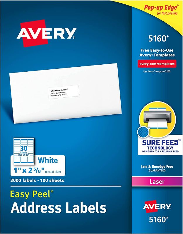 Photo 1 of Avery 5160 Easy Peel Address Labels , White, 1 x 2-5/8 Inch, 3,000 Count 100 Sheets  (Pack of 1) NEW