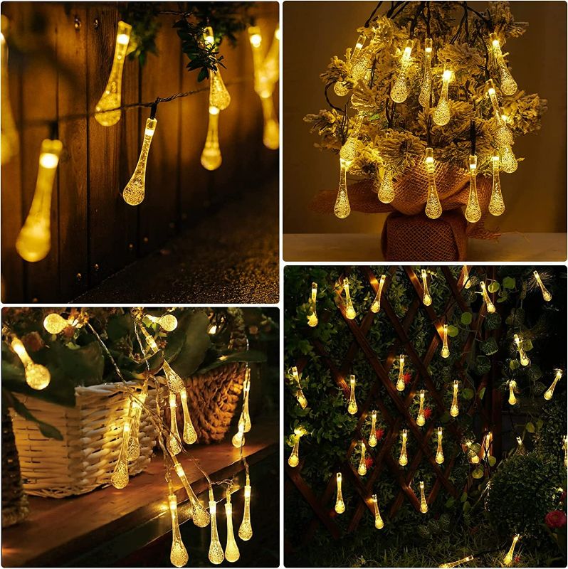 Photo 2 of Solar String Lights Outdoor Waterproof 25.7 Feet 40 Led Water Drop Solar Powered Lights, Crystal Lights for Patio Garden Yard Tree Wedding Party Decor, Warm White NEW