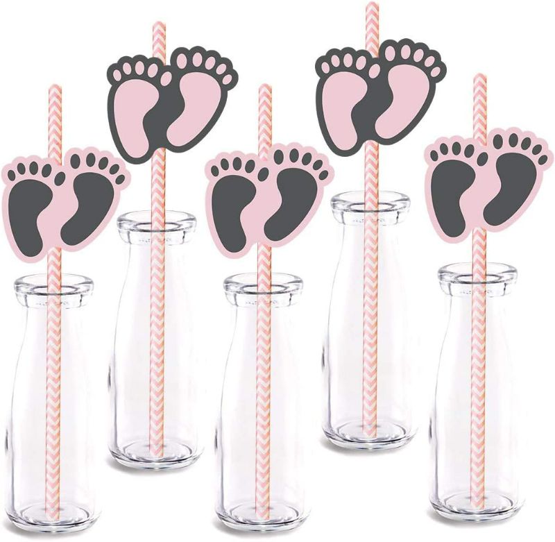 Photo 1 of (3 PACK) Pink Feet Straw Decor, 24-Pack It’s a Girl Baby Shower Party Supply Decorations, Paper Decorative Straws NEW