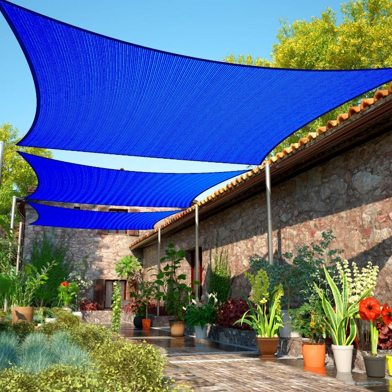 Photo 1 of 8' x 14 FT Blue Sun Shade Sail RectangleCanopy Fabric Cloth Screen, Water Permeable & UV Resistant, Heavy Duty, Carport Patio Outdoor - NEW