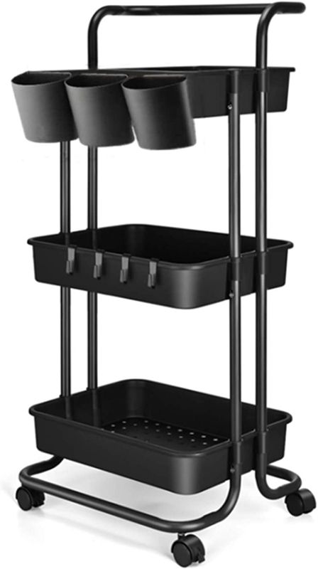 Photo 1 of 3 Tier Utility Rolling Cart - Organizer Cart Storage Cart Kitchen Cart Makeup Cart 3 Shelf Baby Tray Cart with Hanging Cups Trolley Handles and Wheels Use for Bathroom Kids Room Bedroom Office (Black) NEW 