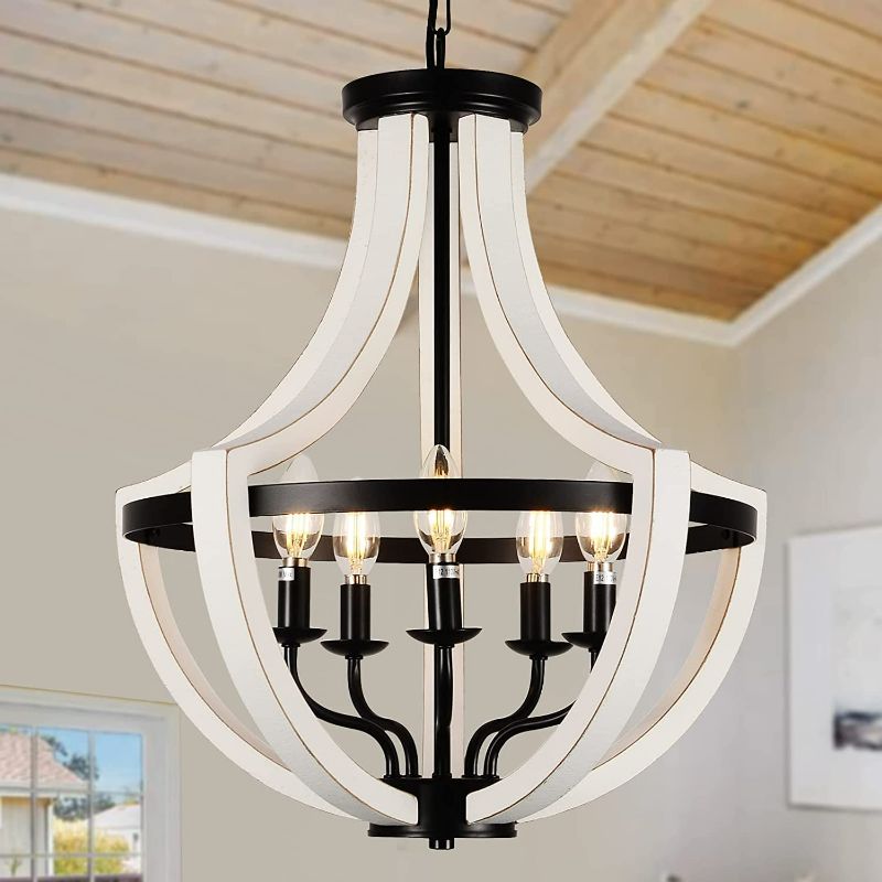 Photo 1 of Stepeak 19" Farmhouse Light Fixtures Chandelier, 5-Light Dining Room Light Fixtures Over Table, Modern White Solid Wood Chandeliers for Living Room Kitchen Island Bedroom Foyer, Height Adjustable Lamp NEW