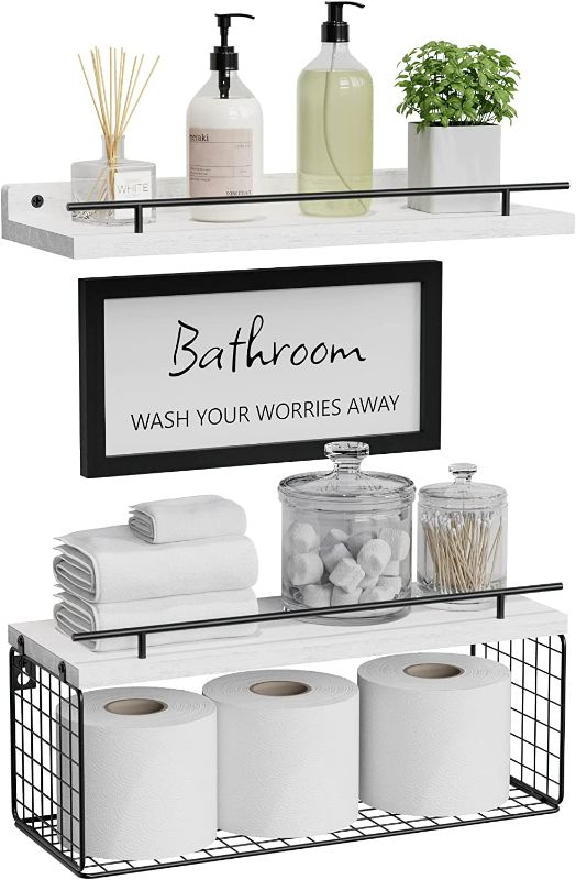 Photo 1 of WOPITUES Floating Shelves with Bathroom Wall Décor Sign, Farmhouse Wood Bathroom Wall Shelves Over Toilet with Paper Storage Basket Set of 3, Rustic Floating Shelf with Guardrail–White NEW